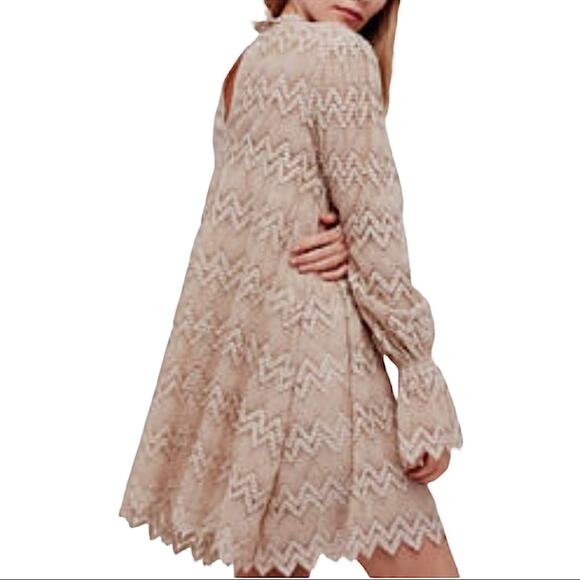 Free People Women's Simone Lace Long Sleeve Mini Dress Neutral Combo X-Small - Picture 3 of 11